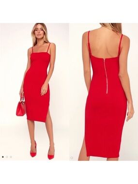 Lulu's Red Square-Neck Midi Bodycon Dress